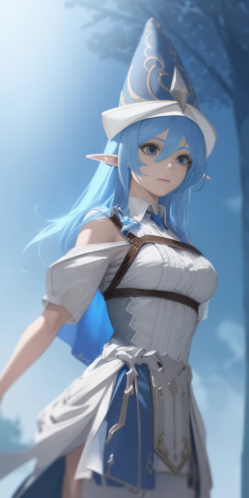 1girl, blue hair, blue eyes, elf ears, wizard hat, white dress, cowboy shot, outdoors, landscape, quality, masterprice, (solo:1.1), raytracing, ultra detailed,detailed face, 8k wallpaper, quality, masterprice, 1girl, (solo:1.1), raytracing, ultra detailed,detailed face, 8k wallpaper,