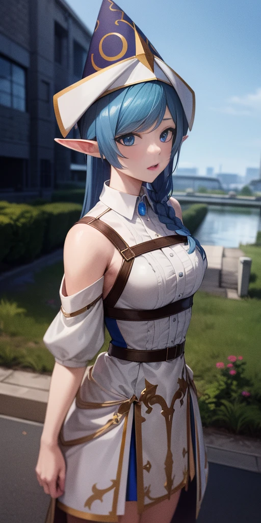 1girl, blue hair, blue eyes, elf ears, wizard hat, white dress, cowboy shot, outdoors, landscape, quality, masterprice, (solo:1.1), raytracing, ultra detailed,detailed face, 8k wallpaper, quality, masterprice, 1girl, (solo:1.1), raytracing, ultra detailed,detailed face, 8k wallpaper,