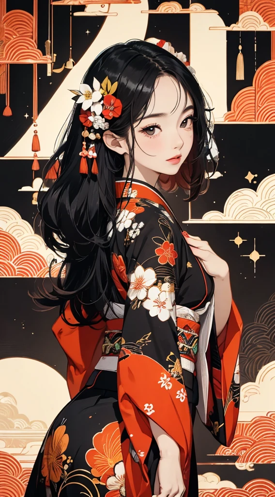 ((8k wallpaper of extremely detailed CG unit, ​masterpiece, hight resolution, top-quality, top-qualityのリアルテクスチャスキン)), ((a very beautiful woman, Plump lips, an ecstatic look on one's face, The upper part of the body, Hands in pockets:1.5, Japanese pattern haori, Japanese pattern micro mini shorts)), (messy black hair, de pele branca, Small), ((Colorful background with geometric patterns, Japanese pattern background, warm color)), hyper realisitic, digitial painting,