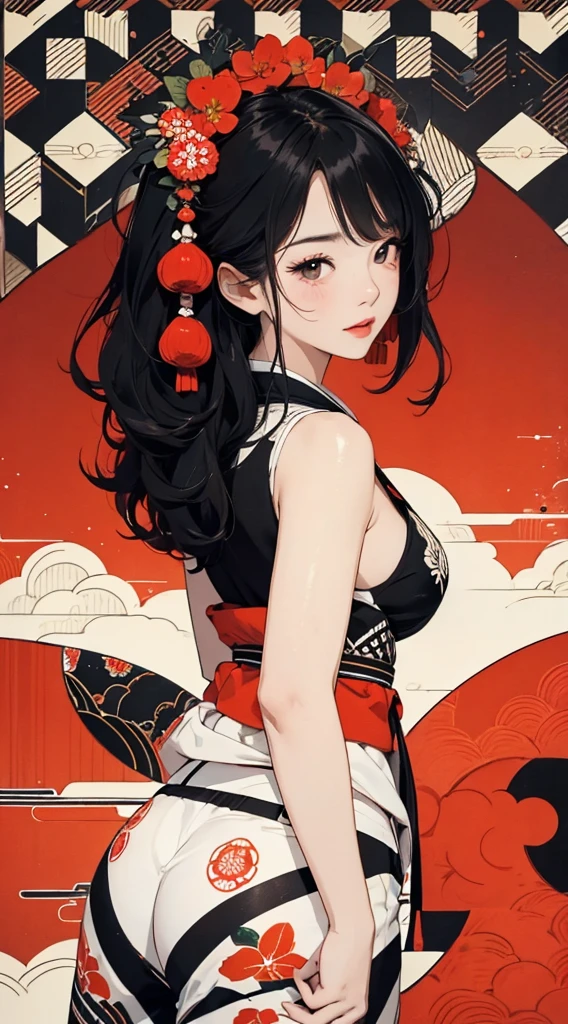 ((8k wallpaper of extremely detailed CG unit, masterpiece, hight resolution, top-quality, top-qualityのリアルテクスチャスキン)), ((a very beautiful woman, Plump lips, an ecstatic look on one's face, The upper part of the body, Hands in pockets:1.5, Japanese pattern haori, Japanese pattern micro mini shorts)), (messy black hair, de pele branca, Small), ((Colorful background with geometric patterns, Japanese pattern background, warm color)), hyper realisitic, digitial painting,