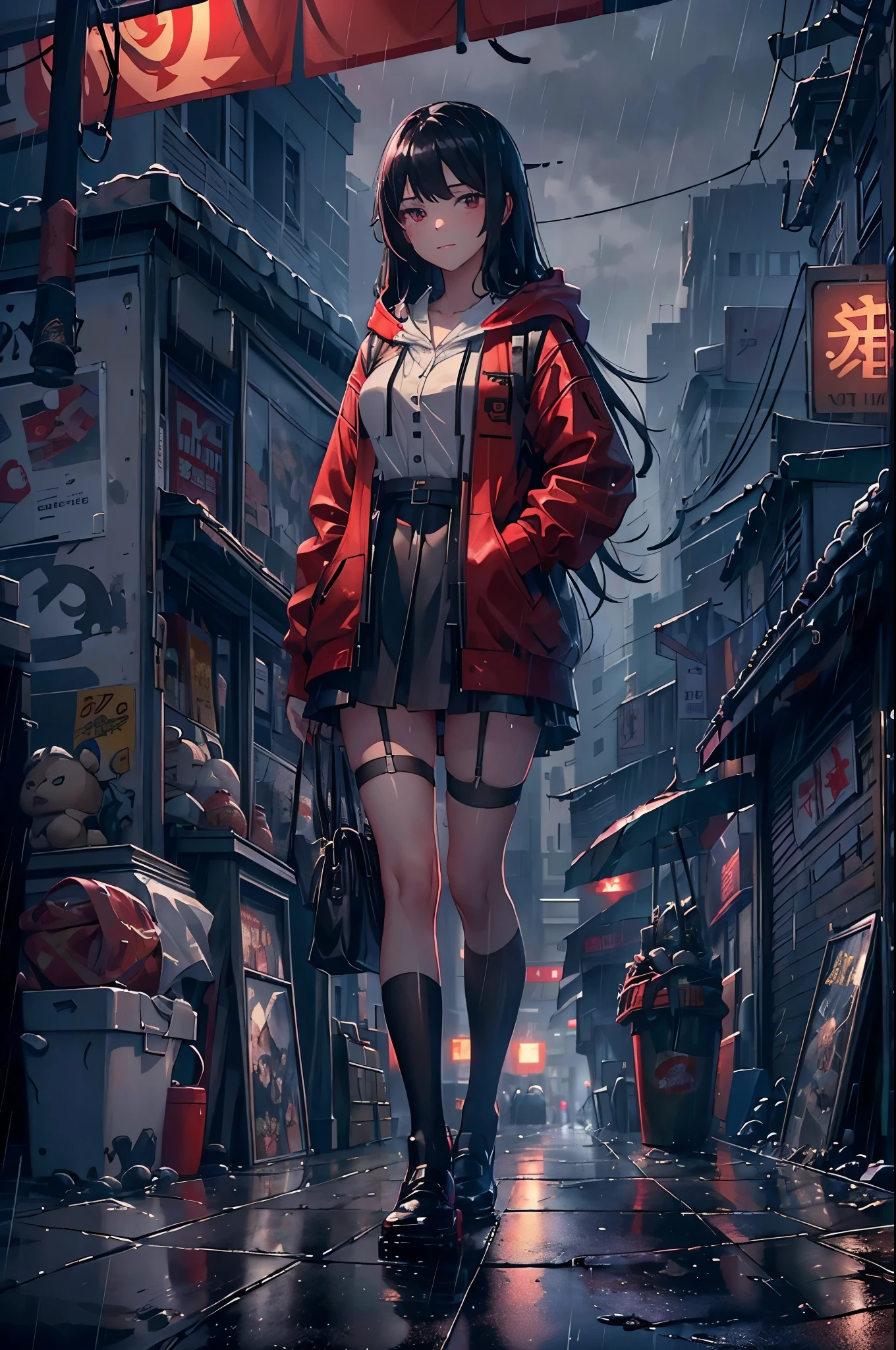 8K，tmasterpiece，Best quality at best，hyper-detailing，realistically，realistically，Extremely detailed face，电影灯光，电影灯光，Ray traching，unlit hair， on a cloudy street，Corner store，staircase，Bus stop，Torrential rain and heavy rain，Girl with long black hair and black eyes，ssmile，She is wearing a red hooded jacket，White color blouse，Short black skirt and black garter belt，Martin shoes，Clothes soaked by rain，Black exposure，outdoor depth tent ，