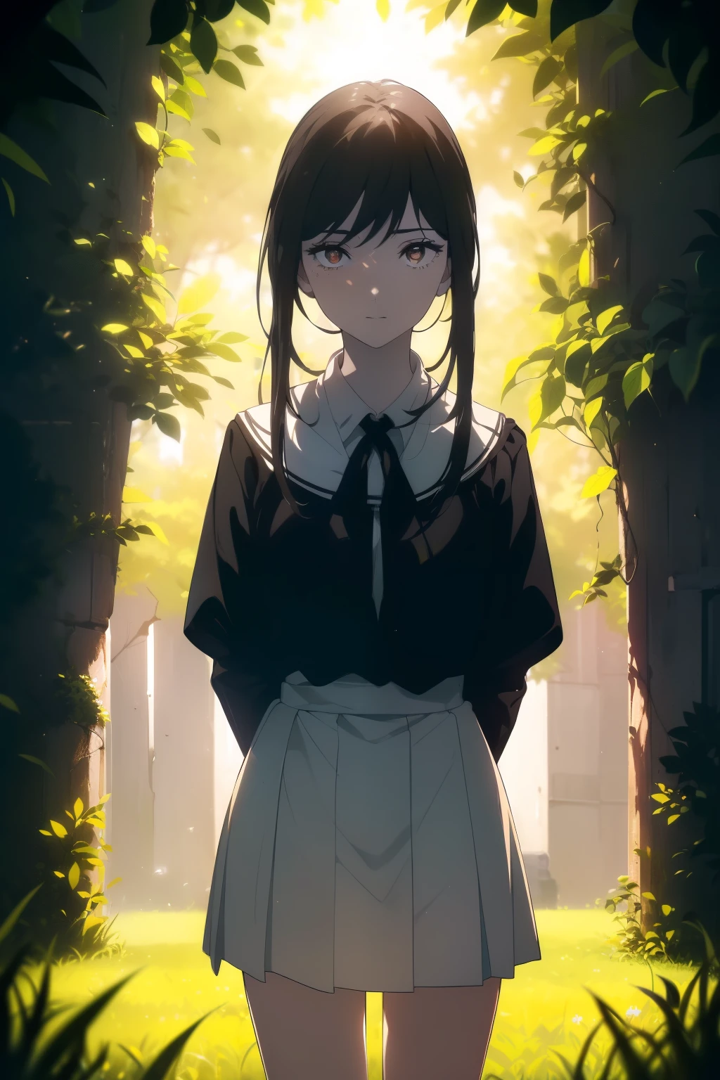 ((((Obra maestra, La mejor calidad, ultrahigh resolution)))), beautiful girl, standing in an open field, ((wearing school uniform)), (long black hair hair in view, in frame), pale skin, (brown eyes), (ultra detailed eyes:0.7, beautiful and detailed face, detailed eyes:0.9), ((centered)), smile, ((wide shot)), facing viewer, (((vibrant background of outdoors, field of swaying grass, bright lighting, summer, sunlight))), flat chested, looking at viewer, ((perfect hands)), ((head:1, hips, elbows, arms, in view)), ((hands behind back)), beautiful lighting, defined subject, (18 years old), ((cool looking)), ((sunny glare))