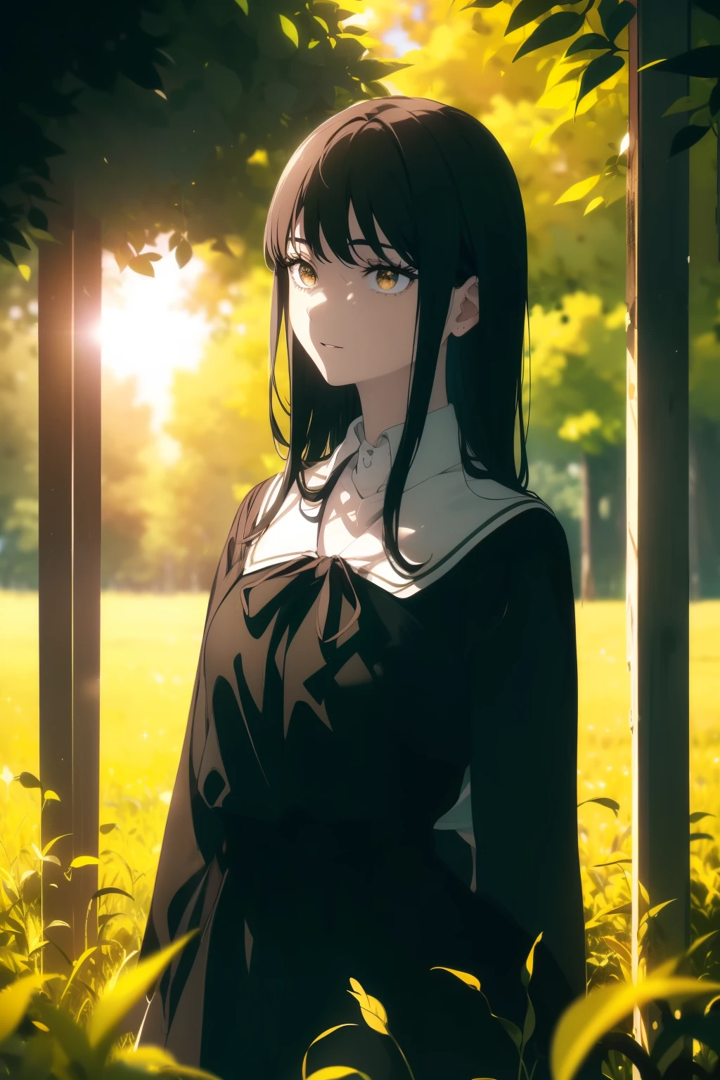 ((((Obra maestra, La mejor calidad, ultrahigh resolution)))), beautiful girl, standing in an open field, ((wearing school uniform)), (long black hair hair in view, in frame), pale skin, (brown eyes), (ultra detailed eyes:0.7, beautiful and detailed face, detailed eyes:0.9), ((centered)), smile, ((wide shot)), facing viewer, (((vibrant background of outdoors, field of swaying grass, bright lighting, summer, sunlight))), flat chested, looking at viewer, ((perfect hands)), ((head:1, hips, elbows, arms, in view)), ((hands behind back)), beautiful lighting, defined subject, (18 years old), ((cool looking)), ((sunny glare))