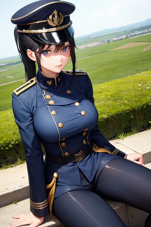 Dark Blue Military Uniform, Black Hair, Breast, Military Cap, Ponytail