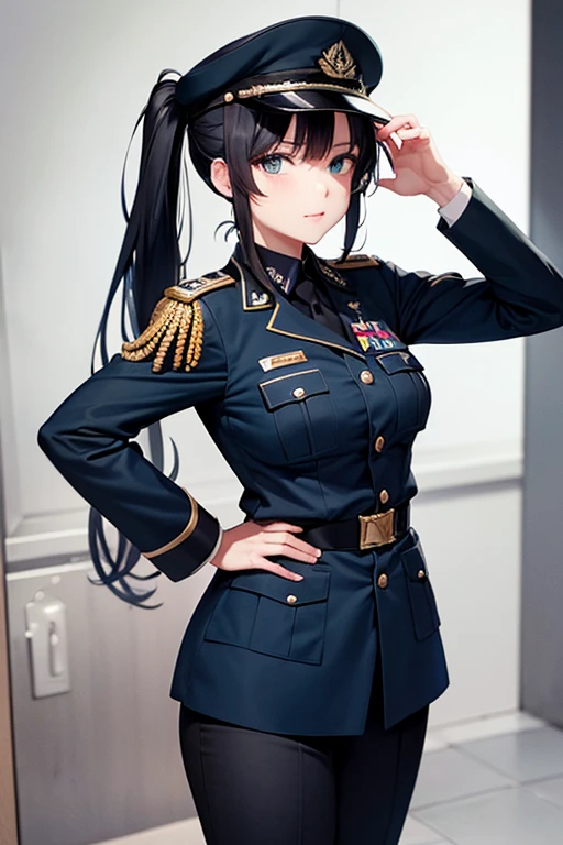 Dark Blue Military Uniform, Black Hair, Breast, Military Cap, Ponytail