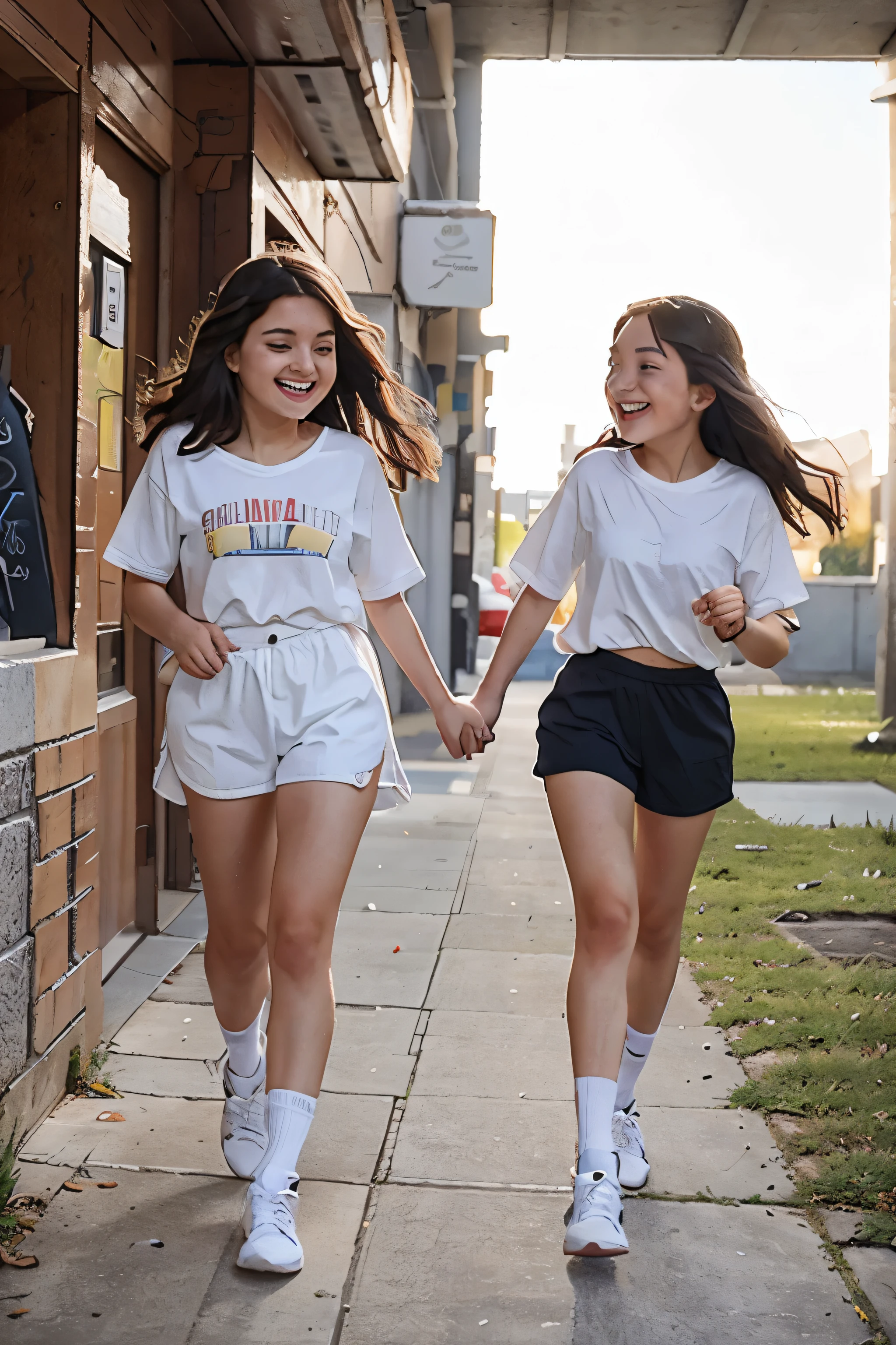 Two female university students,Hand in hand,facing at camera,having fun,white clothes,Long gray hair,Run happily,bright color style,Personality masks,No environment required,with a pure white background,high high quality,the detail,