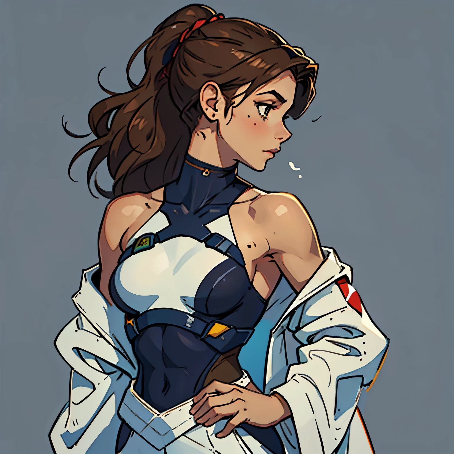 (Caucasian teenager), 18 years old, hazel eyes, (wavy brown hair), (hair tied back), medium hair, mole on the cheeck, small breasts. She wears a white, off-the-shoulder sci-fi suit, bare shoulders, neckline, solo, profile view, (simple background)