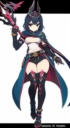 (((Best Quality))) , ((full body)), female, reference sheet, solo, (white background), holding staff or sword, gauntlets, thigh high, femloin, belt, blue, red, green, violet, pink, white, cloak,