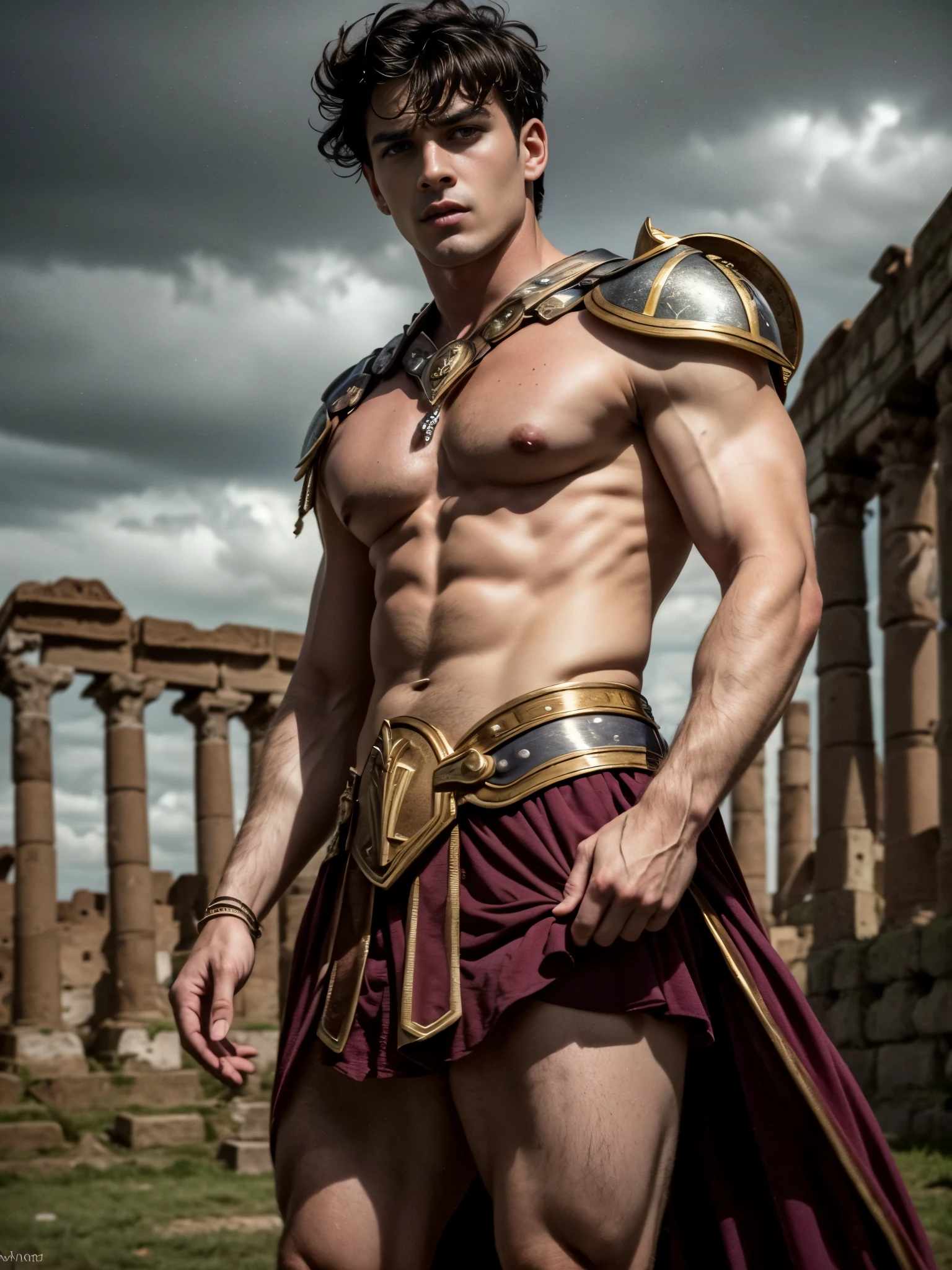 ((masterpiece)),((best quality)),8k, high detailed, ultra-detailed, Stylish Pose, real skin texture, dark cinematic lighting, full body shot, 35 mm lens, night, dark night, (masculine:1.6), 26-year-old Italian male model, handsome Roman, he is the god of war, he is Ares, Mars, evil-looking, strong look, light blue eyes, strong jawline, (dressed as a gladiator:1.2), (ancient gladiator:1.5), male gladiator skirt, shaved face, short wavy hair, dark brown, shirtless, top naked, smoke, fire, open field, battle, background, blood on his chest, , smooth skin, flawless skin, high detail, destroyed ancient Rome, (ancient army in the background:1.3), dark cloudy night,,,,,(Depth of field:1.5)