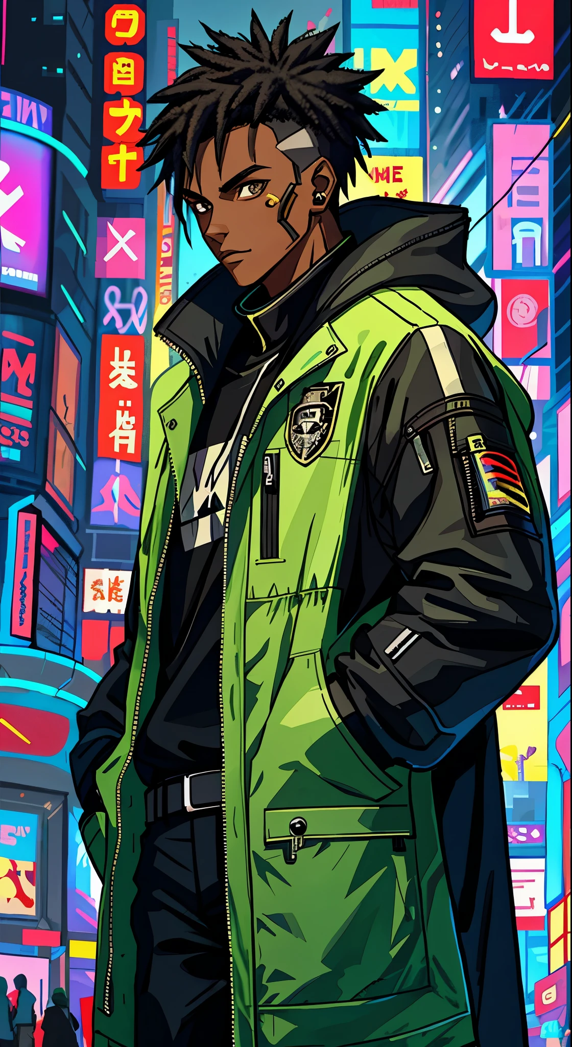 1boy, black skin, cyberpunk details, coat, cartoon