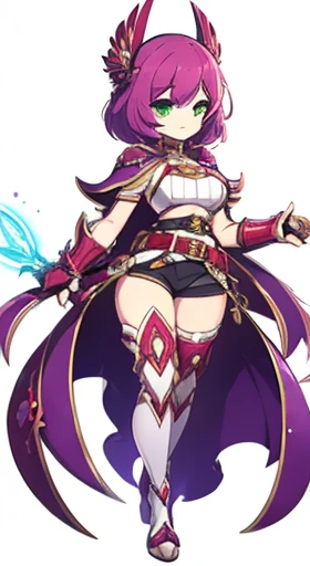 (((Best Quality))) , ((full body)), female, reference sheet, solo, (white background), holding staff, gauntlets, thigh high, femloin, belt, blue, red, green, violet, pink, white, cape,