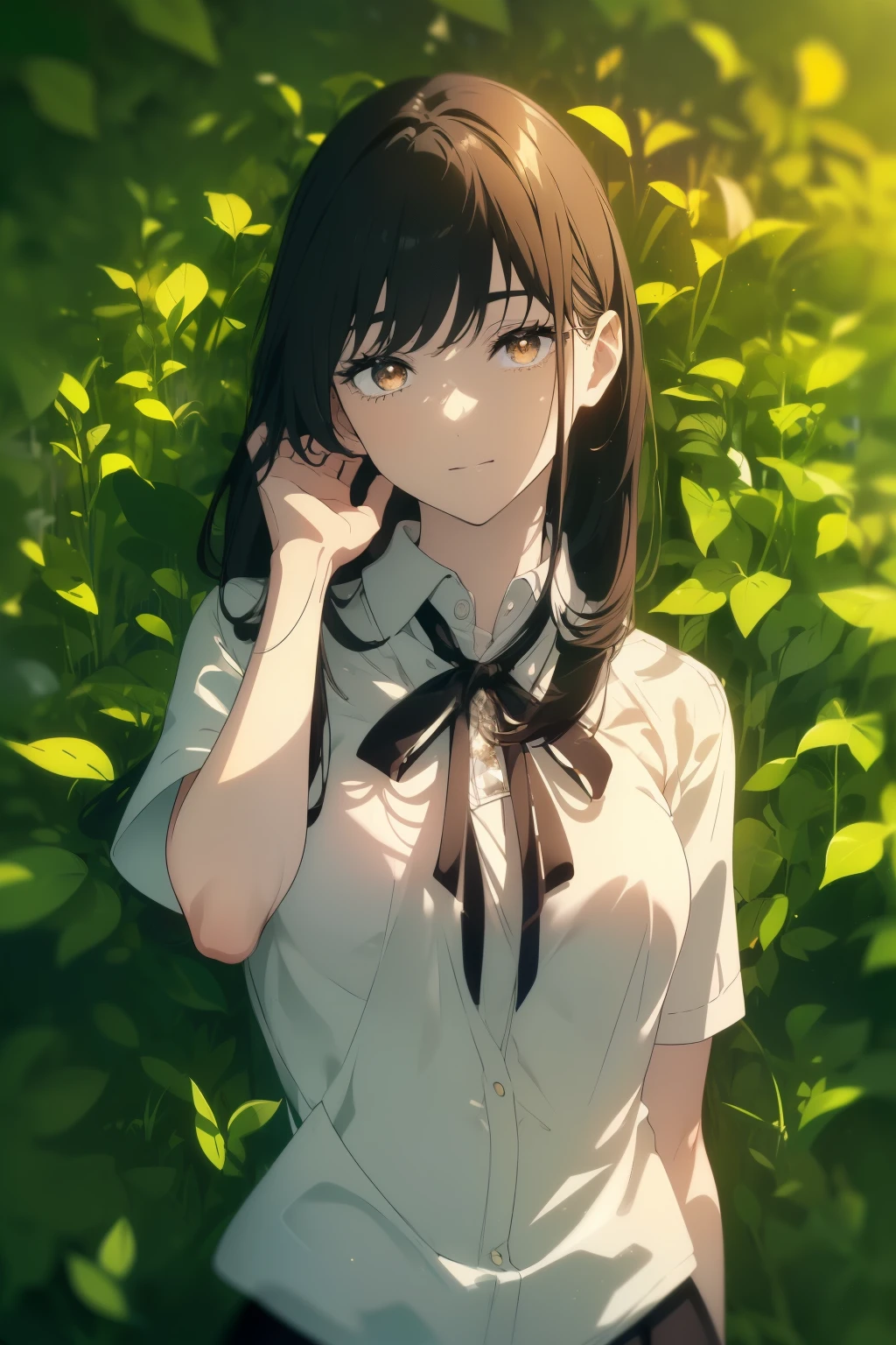 Anime girl in a white shirt and black skirt standing in a field of ...