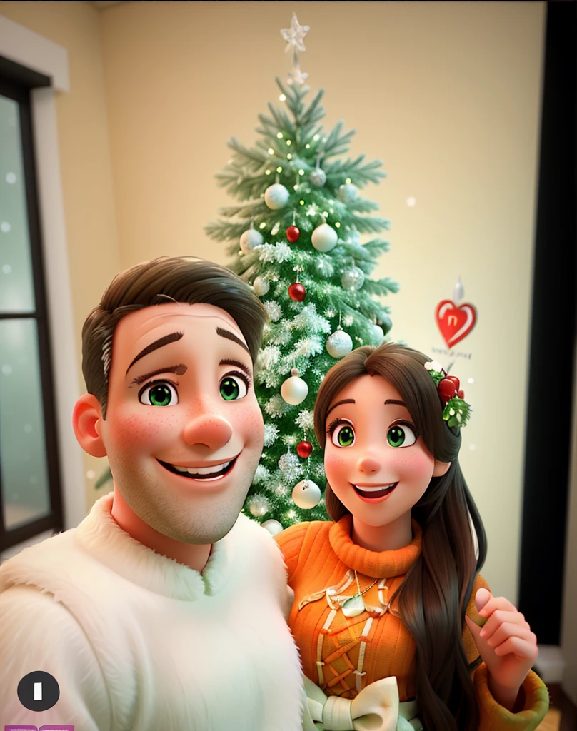 couple smiling,white Christmas tree with green balls,soft snowy landscape,cold winter atmosphere,vibrant colors,sparkling lights,detailed facial expressions,loving embrace,bright sunshine,joyful mood,varied textures,romantic setting,festive decorations,happy couple in winter outfits,warmth and coziness,fun-filled moment,memorable time,playful snowflakes,magical ambiance,crisp air,cheerful laughter,artistic brushstrokes,blurred background,delicate ornaments,dazzling ornaments,glistening snow,gleaming surfaces,blinking lights,lovely smiles,shimmering scene,graceful poses,winter wonderland,positive energy,fairy tale-like scenery,endearing expressions,abundance of happiness,lively atmosphere,perfect harmony,elegant composition,heartwarming atmosphere,whimsical touch,vivid details,bounds of love,romantic glow.