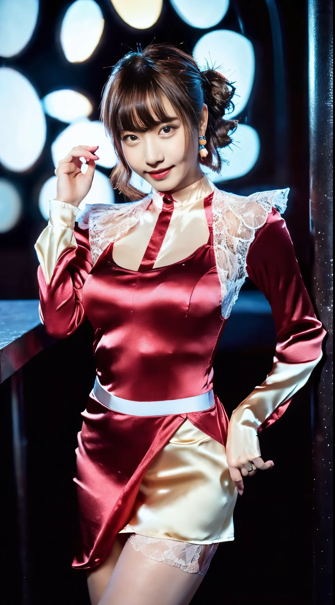 8K, masutepiece, Raw photo, Best Quality, Photorealistic, Highly detailed CG Unity 8k wallpaper, depth of fields, Cinematic Light, Lens Flare, Ray tracing, (Extremely beautiful face, Beautiful lips, Beautiful eyes), intricate detail face, ((Ultra detailed skin)) 1girl in, In the Dark, deepshadow, Pretty Korean girl, Flashy makeup with red eyeshadow,her shortcut, Delicate light brown hair is slightly disheveled with side waves.,wearing large ring earrings,Kpop Idol, 1 girl, (Very slim and slender fit muscular body:1.3), ((Looking at Viewer)),(Big smile:1.3), (magenta and black blouse), (sleeve fashion city night, a dark night, (Neon sign), (Blurred background), Fashion Street Night),(No people in the background:1.3), Beautiful earrings, Bracelets, Necklace, pantyhose, Clear eyes, Walking, (pale skin), (big eye ace forward, ((upperbody shot)), ((silk color dresses:1.3)),(Brown hairs),((tight fit lace dress)), (see through), (Looking at Viewer:1.3) opened breast, Very slim, medium breasts, backtrack,((Back shot)), see through, Medium Butt, Mini skirt, updo hair, ((Spread thighs)),frombelow:1.4