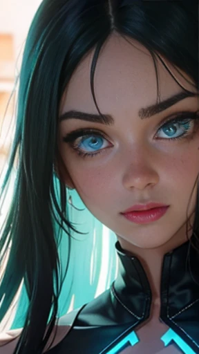 Close up de uma garota,( pele acizentada, pele cinza claro, olhos grandes, heterocromia, um olho verde esmeralda, um olho azul turquesa, cabelo vermelho claro, mid hair, mostrar o busto, pele perfeita, rosto perfeito, vengeful expression.). She is known as Vendetta, (Vendetta is your name), genetically created to be a secret agent, resolveu rebelar-se, and lives to hunt its creators.