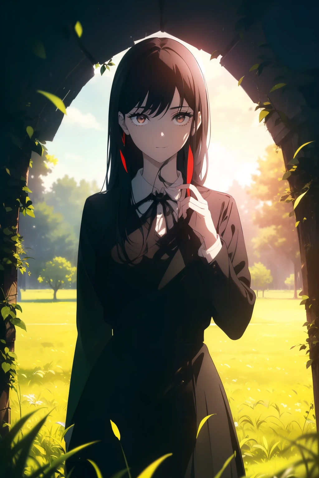 ((((Obra maestra, La mejor calidad, ultrahigh resolution)))), beautiful girl, standing in an open field, ((wearing school uniform)), (long black hair hair in view, in frame), pale skin, (brown eyes), ((ultra detailed eyes:0.7, beautiful and detailed face, detailed eyes:0.9)), ((centered)), smile, ((wide shot)), facing viewer, (((vibrant background of outdoors, field of swaying grass, bright lighting, summer, sunlight))), flat chested, looking at viewer, ((perfect hands)), ((head:1, hips, elbows, arms, in view)), ((hands behind back)), beautiful lighting, defined subject, (18 years old), ((cool looking)), ((sunny glare))