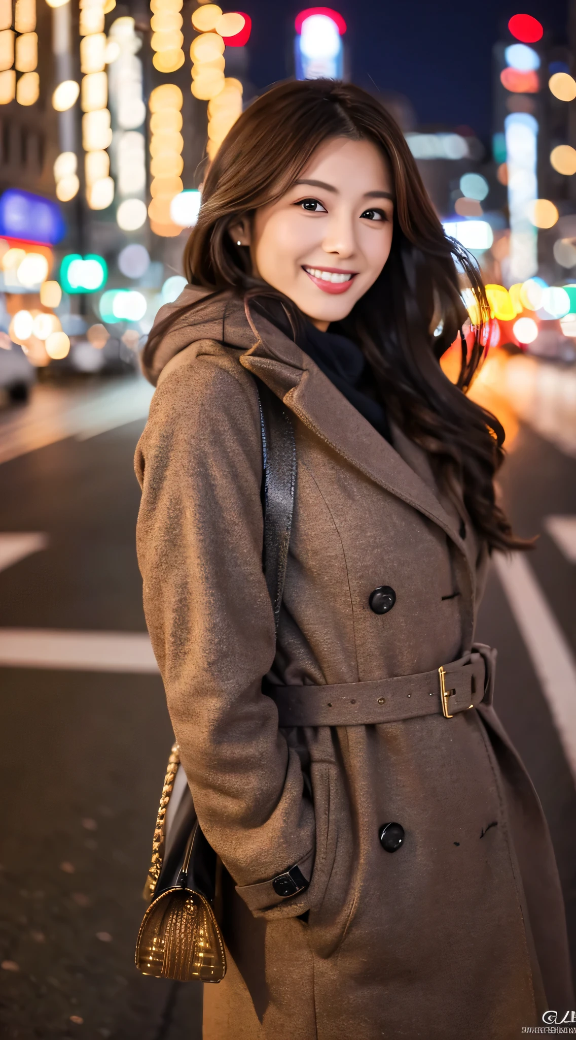Highest resolution, 4K, Masterpiece: 1.3), A Japanese milf, photo of one lady, Sexy: 1.1, fine eyes, Slender figure, Realistic teeth, smile, double eyelids, full body, best quality, detailed, beauty, night, at the city, illumination, winter