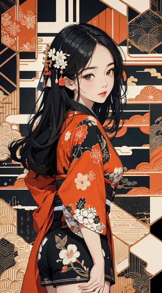 ((8k wallpaper of extremely detailed CG unit, masterpiece, hight resolution, top-quality, top-qualityのリアルテクスチャスキン)), ((a very beautiful woman, Plump lips, an ecstatic look on one's face, The upper part of the body, Hands in pockets:1.5, Japanese pattern haori, Japanese pattern micro mini shorts)), (messy black hair, de pele branca, Small), ((Colorful background with geometric patterns, Japanese pattern background, warm color)), hyper realisitic, digitial painting,