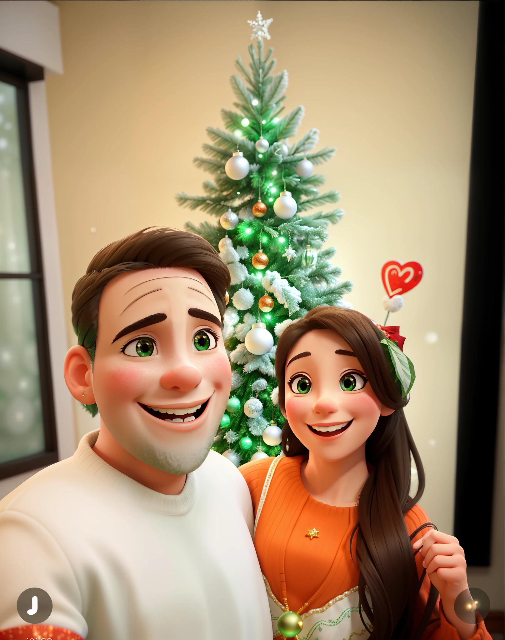 couple smiling,white Christmas tree with green balls,soft snowy landscape,cold winter atmosphere,vibrant colors,sparkling lights,detailed facial expressions,loving embrace,bright sunshine,joyful mood,varied textures,romantic setting,festive decorations,happy couple in winter outfits,warmth and coziness,fun-filled moment,memorable time,playful snowflakes,magical ambiance,crisp air,cheerful laughter,artistic brushstrokes,blurred background,delicate ornaments,dazzling ornaments,glistening snow,gleaming surfaces,blinking lights,lovely smiles,shimmering scene,graceful poses,winter wonderland,positive energy,fairy tale-like scenery,endearing expressions,abundance of happiness,lively atmosphere,perfect harmony,elegant composition,heartwarming atmosphere,whimsical touch,vivid details,bounds of love,romantic glow.