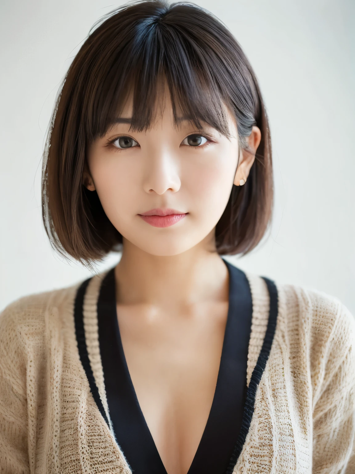 ((masutepiece,top-quality)), (photographrealistic:1.4),((masutepiece,8K)),hight resolution,Studio Soft Light, Rim Lights, vibrant detail, realistic skin textures,Japanese, 1 beautiful woman, Short hair, Wave hair, faint thin bangs, make - up, 38 years, Detailed skin, cardigan, wide-leg pants, White background, White Room,white walls, fully body photo, Looking at Viewer