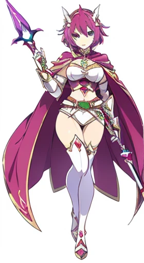 (((Best Quality))) , ((full body)), female, reference sheet, solo, (white background), holding staff, gauntlets, thigh high, femloin, belt, blue, red, green, violet, pink, white, cape,