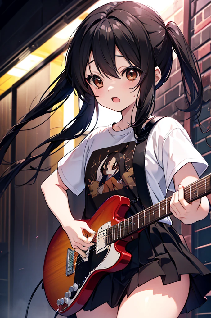 Azusa Nakano, nakano azusa, (Black hair:1.5), (Brown eyes:1.7), Long hair, twin tail chest:1.2), Black T-shirt,pleatedskirt, BREAK (masutepiece:1.2), Best Quality, High resolution, Unity 8k壁纸, (Illustration:0.8), (Beautiful detailed eyes:1.6), extra detailed face, Perfect Lighting, extremely details CG, (Perfect hands, Perfect Anatomy),Rock Band Concert, Musical instrument performance, Stage Performance, hot air,Happy atmosphere、guitar(mustang)is playing,Sweat on the forehead,汗で濡れたBlack T-shirt,singing with open mouth