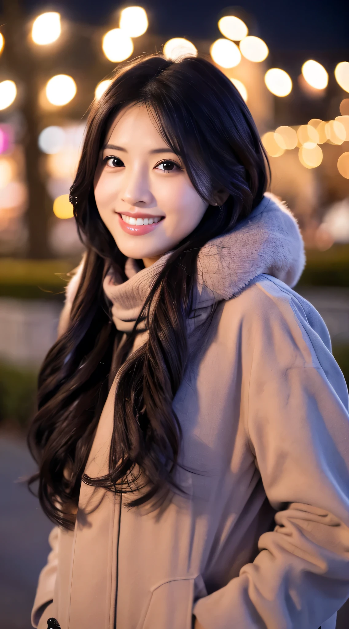 Highest resolution, 4K, Masterpiece: 1.3), A Japanese milf, photo of one lady, Sexy: 1.1, fine eyes, Slender figure, Realistic teeth, smile, double eyelids, full body, best quality, detailed, beauty, night, at the park, illumination, winter