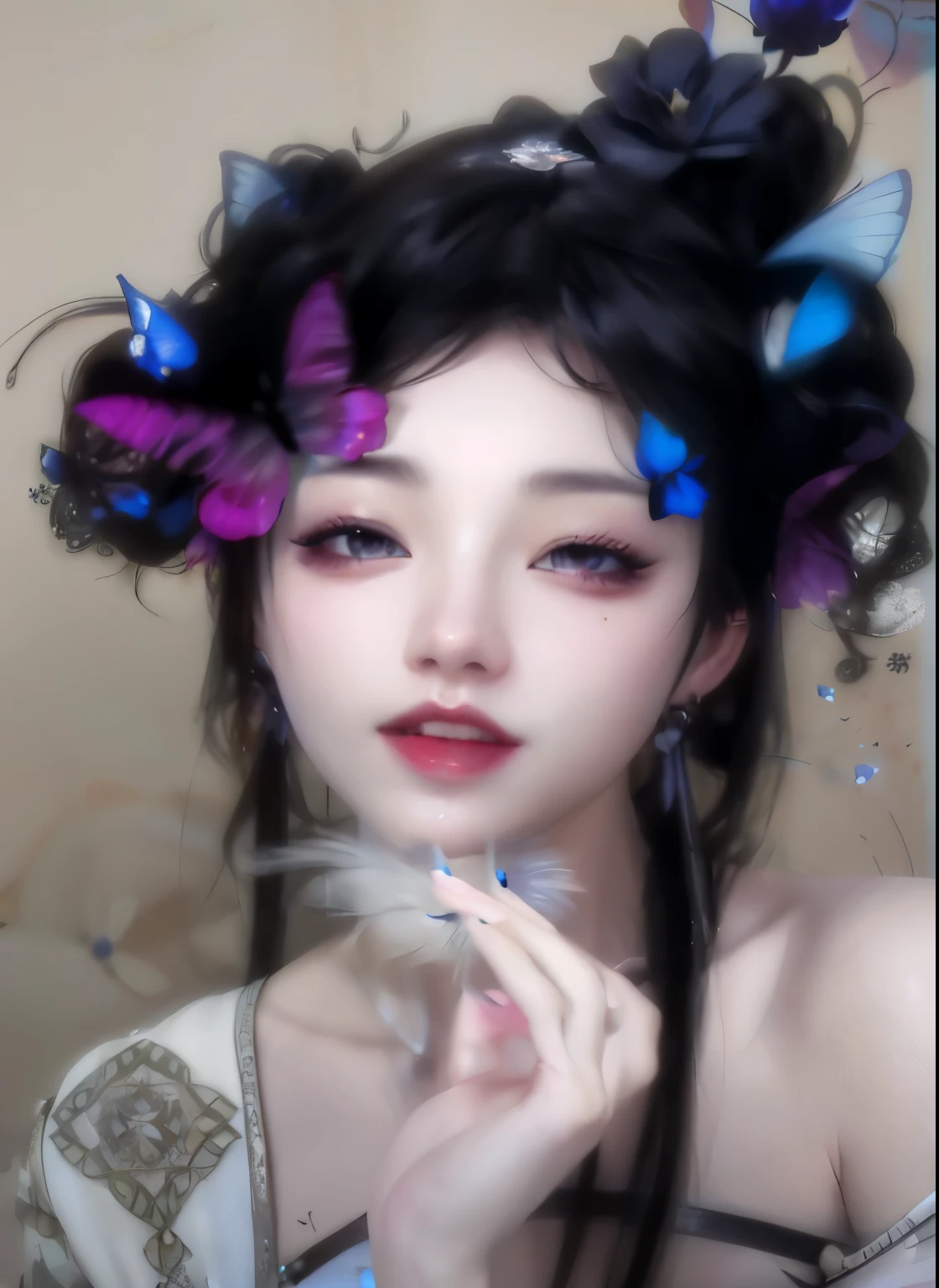There is a butterfly on the fingertips,Close-up of woman with a flower and butterfly in her hair, Guviz-style artwork, inspired by Yanjun Cheng, hyper realistic anime, guweiz, a stunning anime face portrait, inspired by Ai Xuan, Realistic digital art 4k, Realistic digital art 4k, Anime reality, Anime reality style, in the art style of bowater