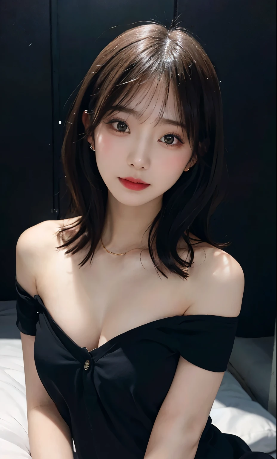 Best Quality, masutepiece, 超A high resolution, (Photorealistic:1.4), Raw photo, 1girl in, off shoulders, In the Dark, deepshadow, lowkey, cold light, Detailed skin