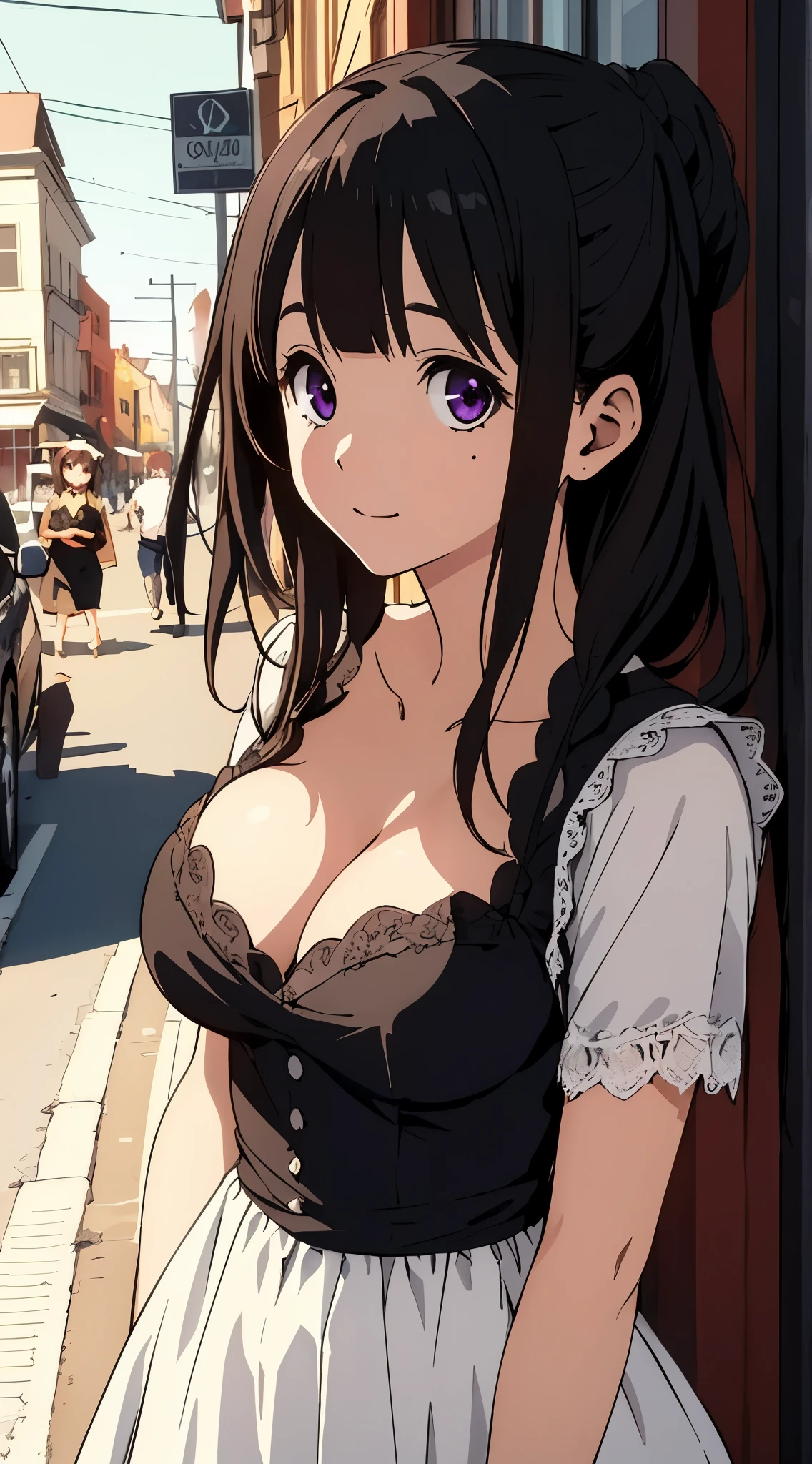 masterpiece, best quality, illustration, highly detailed, chitanda_eru, beautiful detailed eyes, city street, black maid dress, cleavage