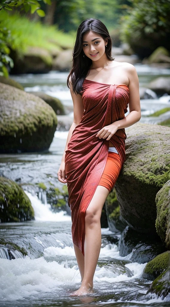 A Beautiful Girl, 1man, 18-20 years old, gorgeous face, Red mouth, (long-haired), ((Thai sarong, thin)), ((bathe)), ((enormous breasts, Beautiful breast, huge breast)), (ผอมthin, Slim, flat stomach), (elongated legs, beautiful legs, Beautiful, slender legs), (Wet body), waterfall, stream, river bank, natural