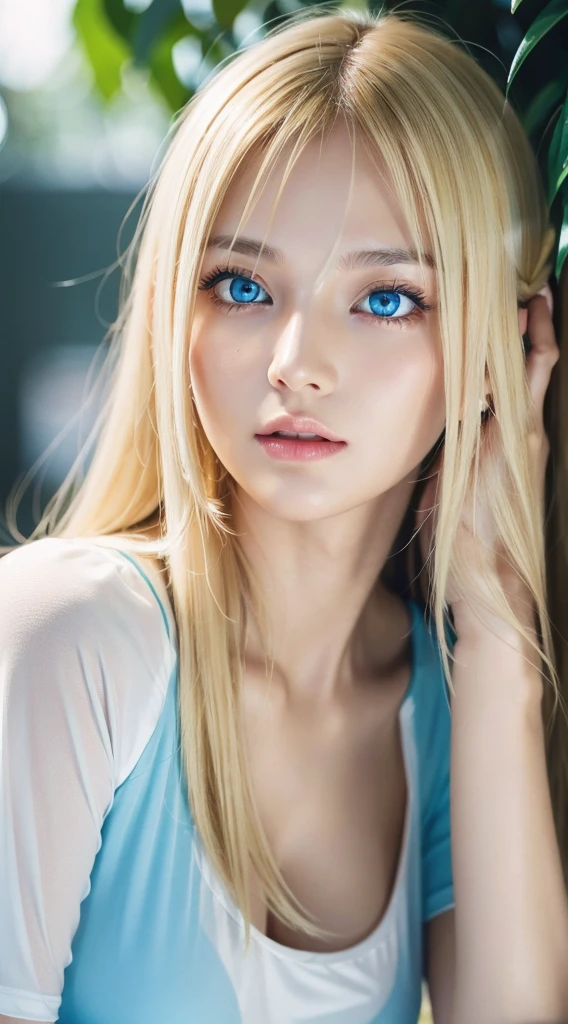 1girl in, age19, Solo, Super Long Straight Blonde Hair, Colossal tits, bright expression、Looking at Viewer, ((Glossy bright silky blonde hair))、Very beautiful light blue eyes and messy bangs between the nose and eyes、de pele branca、Beautiful skin、glowy skin、Gloss Face、Teak Gloss、cheek highlights、Small face beauty、Bare shoulders, jewely, Full body, (Very detailed 8k wallpaper), Soft lighting, High quality, Film grain, Fujifilm XT3 sharp focus, F 5.6, high detailing, Sharp Focus,(Natural light), (gros-plan:1.2), (Seductive), off shoulder t-shirt, Realistic, A sexy、she has beautiful big bright light blue eyes、eye liner、Young Face、with round face、