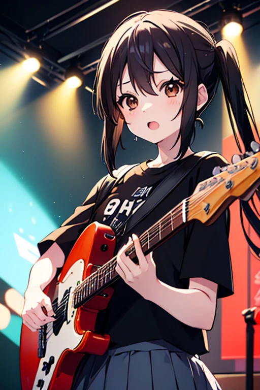 Azusa Nakano, nakano azusa, (Black hair:1.5), (Brown eyes:1.7), Long hair, twin tail chest:1.2), Black T-shirt,pleatedskirt, BREAK (masutepiece:1.2), Best Quality, High resolution, Unity 8k壁纸, (Illustration:0.8), (Beautiful detailed eyes:1.6), extra detailed face, Perfect Lighting, extremely details CG, (Perfect hands, Perfect Anatomy),Rock Band Concert, Musical instrument performance, Stage Performance, hot air,Happy atmosphere、guitar(mustang)is playing,Sweat on the forehead,汗で濡れたBlack T-shirt,singing with open mouth