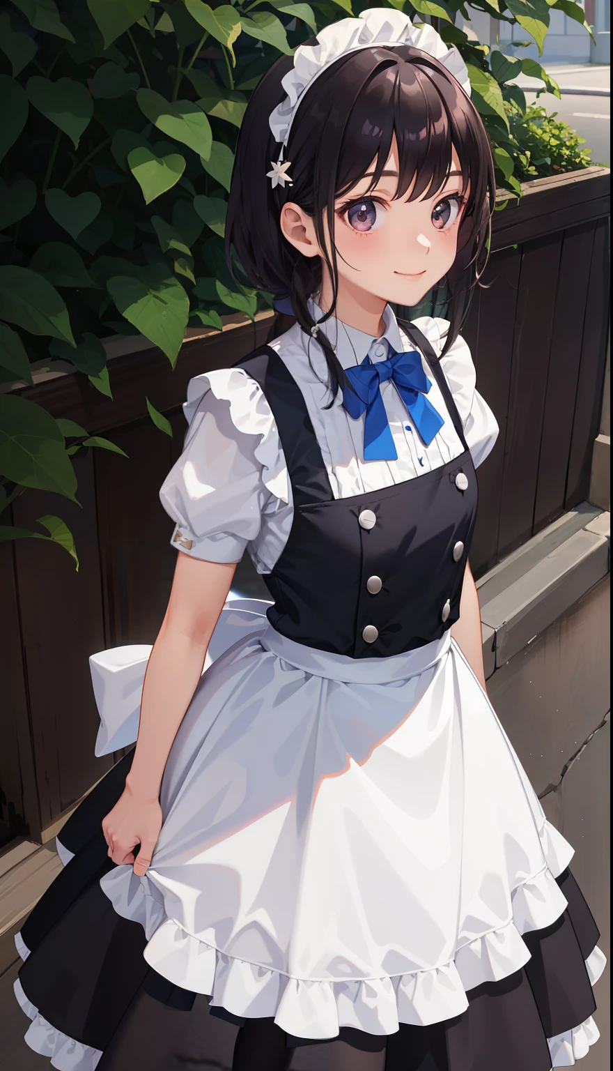 1girl in、A smile、The shirt、skirt by the、pinafore、hair adornments、Maid costume、(small tits)Chilarism、summer clothing、校服、Upper body portrait、