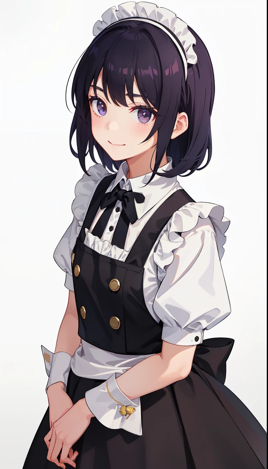 1girl in、A smile、The shirt、skirt by the、pinafore、hair adornments、Maid costume、(small tits)Chilarism、summer clothing、校服、Upper body portrait、