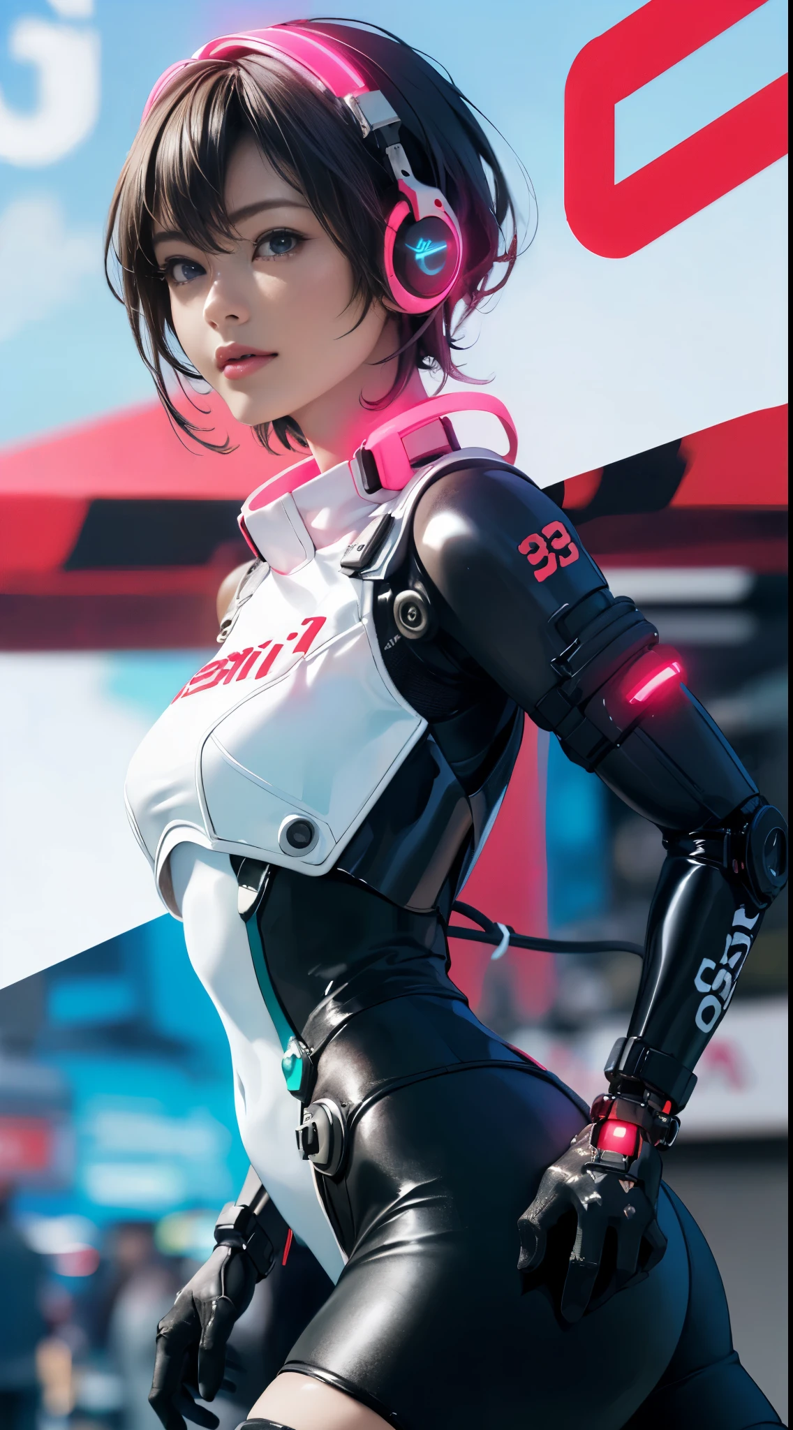 Cute Girl, cowboy shot,he saw, (database), Beautiful curves, attractive, short hair, Beautiful and delicate eyes, absurd, high resolution, Super detailed, (Highest image quality), (masterpiece), (detailed description of eyes), (8k wallpaper), (Detailed description of face), depth of field, (lens reflection), permanent, Lexus IS350 GT300 base model '08 beside, black racing, (F1_racing_suit), actual, Stunning visual effects, car sticker, beach track, sunny
