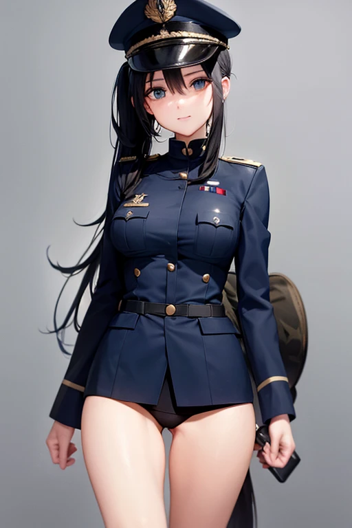 Dark Blue Military Uniform, Long Black Hair, Breast, Military Cap, Ponytail, Bikini