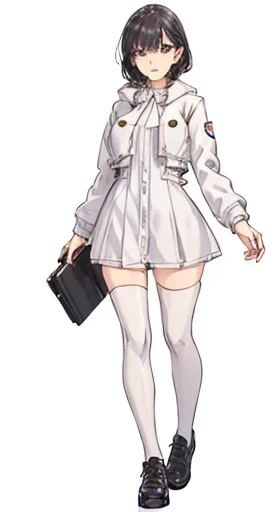 (((Best Quality))) , ((full body)), female, reference sheet, solo, (white background), thigh high, short jacket,