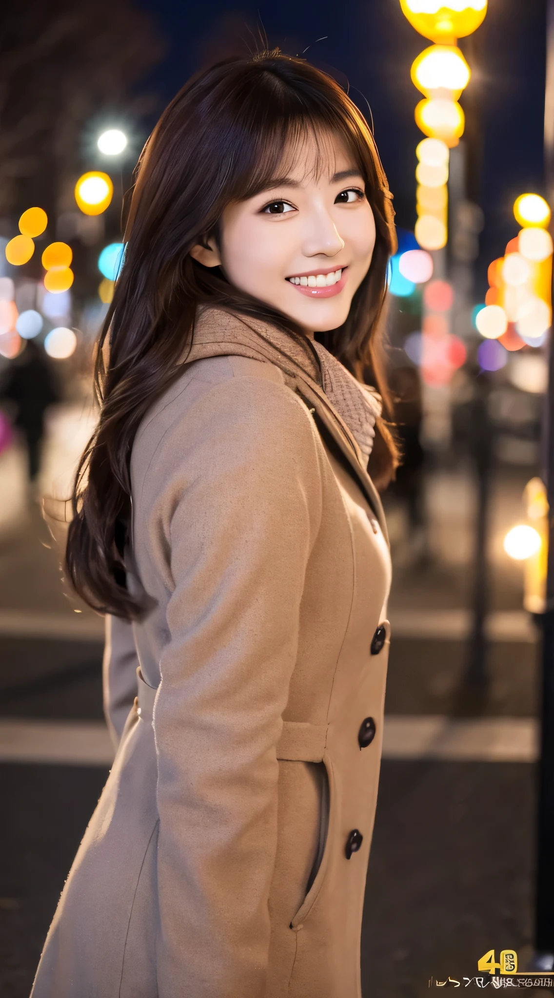 Highest resolution, 4K, Masterpiece: 1.3), A Japanese milf, photo of one lady, Sexy: 1.1, fine eyes, Slender figure, Realistic teeth, smile, double eyelids, full body, best quality, detailed, beauty, night, at the park, winter illumination
