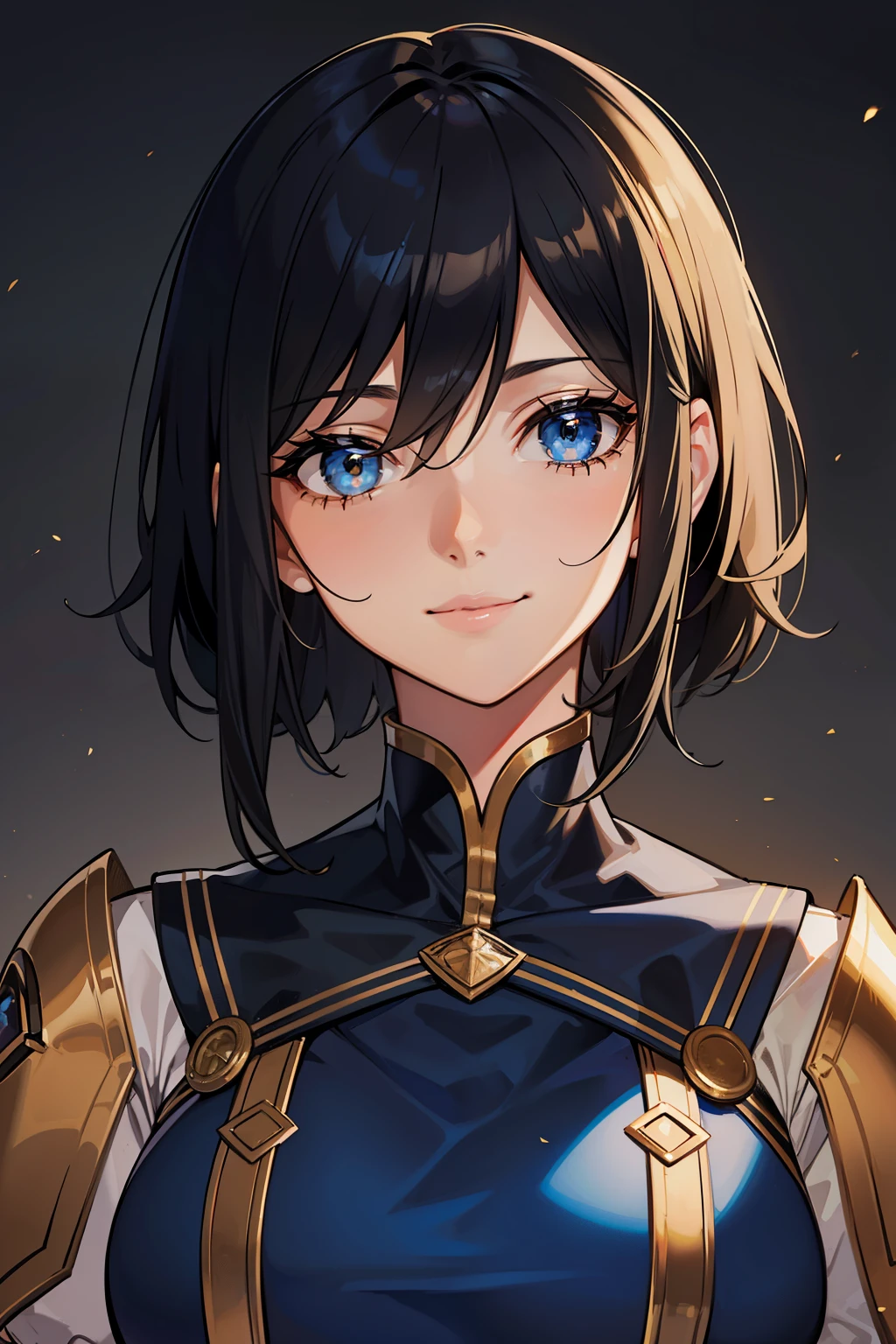 (high-quality, breathtaking),(expressive eyes, perfect face) portrait, 1girl, female, solo, adult woman, age late 20's, black hair, yellow golden eye color, short hair length, soft wavy hair, gentle smile, side bangs, looking at viewer, portrait, happy expression, fantasy clothing, blacksmith, blacksmith clothing, blacksmith profession, elegant, mature, height 5"6, blue lighting in hair