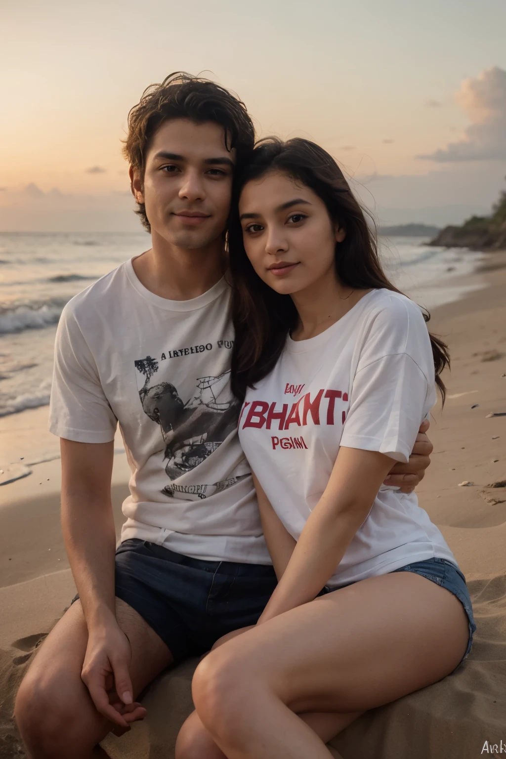 a couple sitting on a beach enjoying sunset boy wearing a t shirt abhinav written on it and girl wearing a shirt ankita written on it