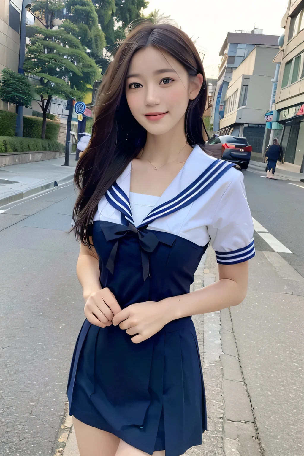 mix4, (8K, Raw photography, Top image quality, masterpiece: 1.45), (realisitic, Photorealsitic: 1.37), one girls, cute little, A city scape, natta, Sateen, Wetty, profetional lighting, photon maping, Radio City, physically-based renderingt, Gradient black hair, white hair, short curly hair, a handsome, girl with, (((Randomly generated plain clothes))), Top Quality Photos, hight resolution, 1080p, (clearface), (Detailed face description), (Detailed hand description), (masterpiece), (Exquisite CG)、extreme light and shadows、dishevled hair、master work、abundant detail、(Fine facial features)、(top quality photo)、(masuter piece)、(A detailed eye)、Look in front of you、Fine clavicle、((Slender big))、((Private School Uniforms、summer clothing、a sailor suit、a miniskirt)))、((In front of Shibuya Station))、((Wear a straw hat))、(Shooting from random perspectives)、(((Sleeveless)))、耳?????? Ring、A big smile、Drawing the whole body from the knees、