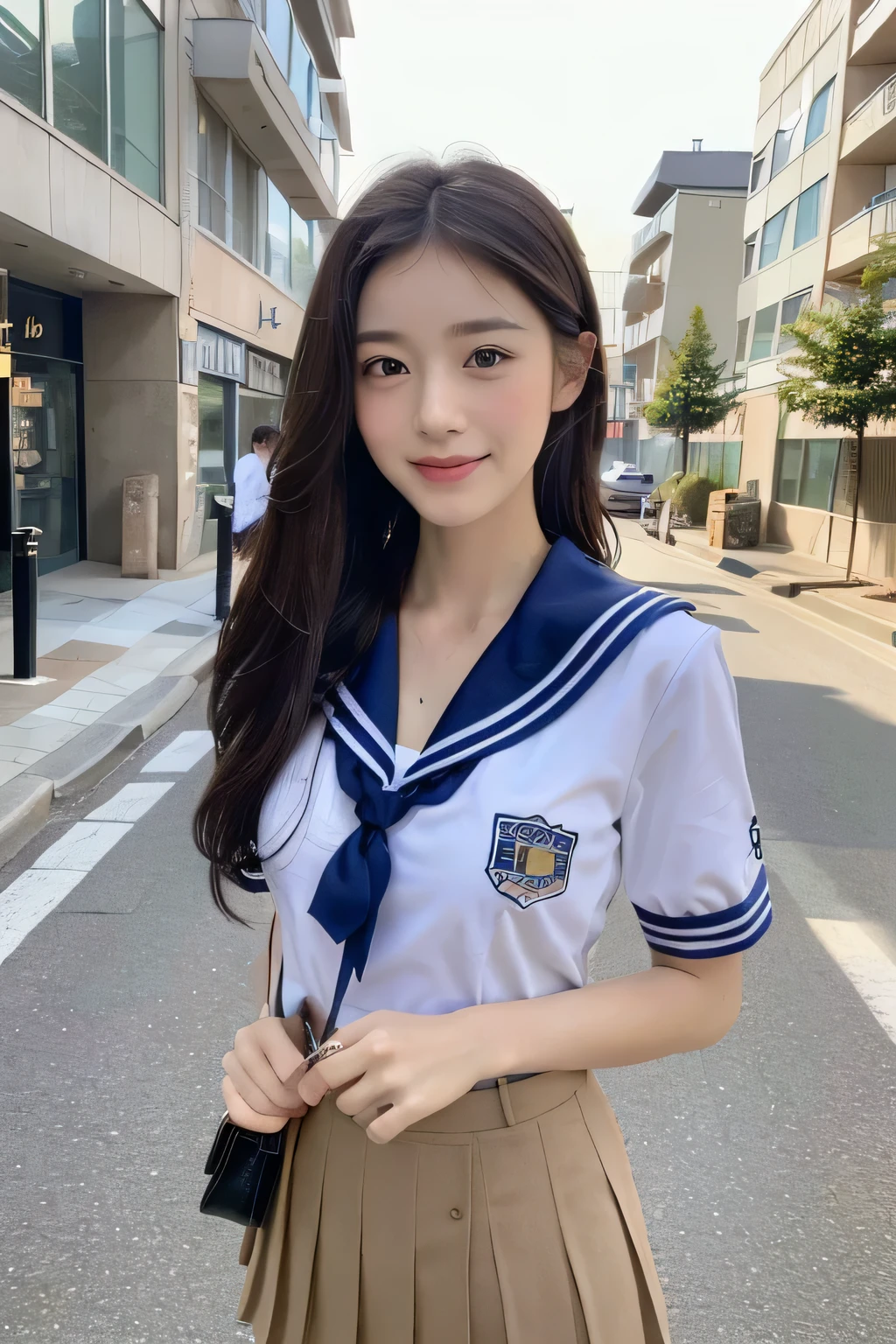 ((top-quality、8K、​masterpiece:1.3))、Beautiful woman with perfect body shape:1.4、(Brown Long Hair、small tits:1.3)、Casual wear、In the street、Highly detailed facial and skin texture、A detailed eye、二重まぶた、A smile:1.5、full body Esbian、student clothes、japanese sailor suits、skirt by the