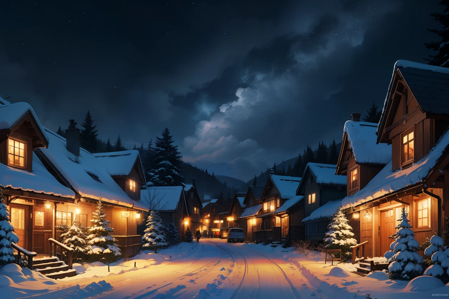 A photograph of a cozy snowy village in winter wonderland at night, cozy lights, flares, 8k uhd, high quality