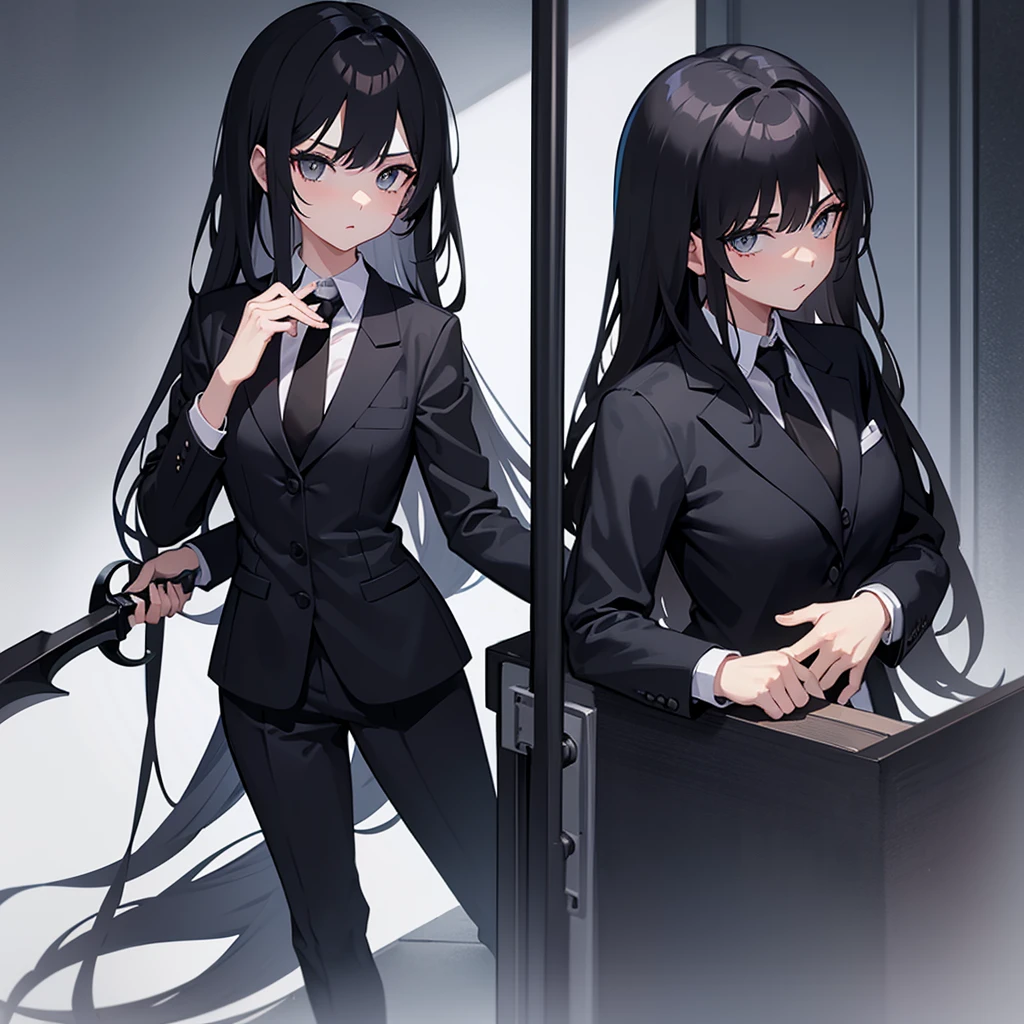 1girl, long black hair, grey eyes, wearing business suit, high res, ultrasharp, 8K, masterpiece, looking at viewer, 5 fingers, black tie, holding black scythe