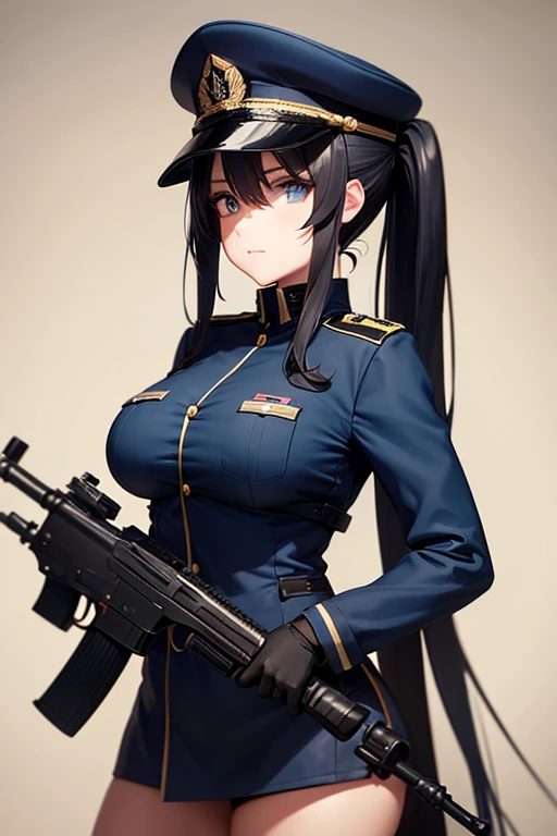 Dark Blue Military Uniform, Long Black Hair, Breast, Military Cap, Ponytail, Bikini, Gun