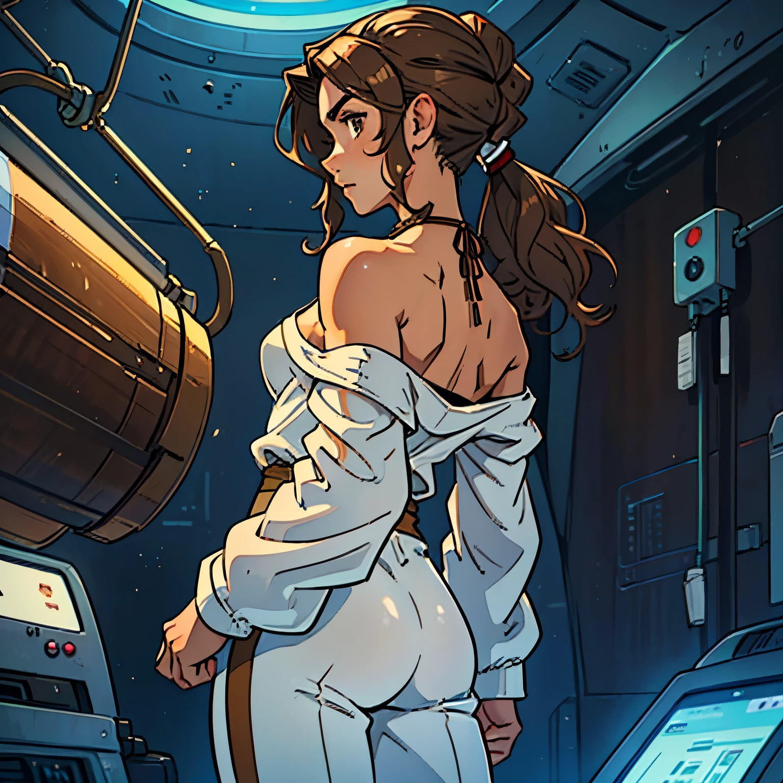 (Caucasian teenager), 18 years old, hazel eyes, (wavy brown hair), (hair tied back), medium hair, (small breasts). She wears a white, off-the-shoulder sci-fi suit, bare shoulders, neckline, solo, back view