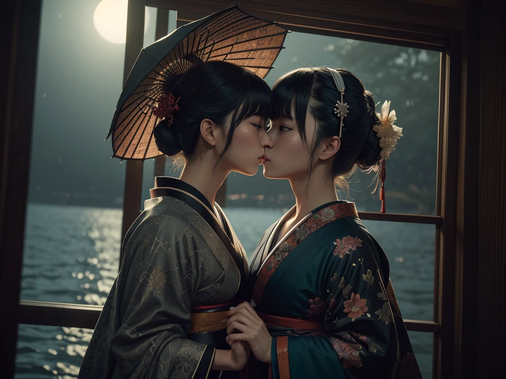 Mature woman in Japan traditional costume,(dark shot:1.4), 80mm, (dark shot:1.4), 80mm, Magnificent Real, Geisha painting with European characteristics Enter the sea of Japan, range murata, a big red sun in the background, A stunning, matted, paul gauguin, von gogh, Art by Greg Rutkowski and ArtGerm, Soft Cinematic Lights, adobe lightroom, photolab, HDR, intricately and hyper-detailed, (depth of fields:1.4), (dark shot:1.22), Neutral Color, (HDR:1.4), (Subdued Color:1.4), (Convoluted), (art stations:1.2), ultra-detailliert, Dramatic, intricate detailes, (technicolor:0.9), (rutkowski:0.8), cinematic, the detail, softlight, sharp, exposure blend, medium shot, Bokeh, (HDR:1.4), highcontrast, (cinematic, teal and orange:0.85), (Subdued Color, dim colors, Calm tones:1.3), low-saturation, (ultra-detailliert:1.2), (Noir:0.4), Soft light, sharp, exposure blend、medium shot、bokeh dof、(HDR:1.4)、highcontrast、(cinematic、Teal、an orange:0.85)、(Subdued Color、dim colors、Calm tones:1.3)、low-saturation、(Hyper-detailing:1.2)、(Noir:0.4)、(intricate detailes:1.12)、HDR、(intricate detailes、Hyper-detailing:1.15), (2girls, kiss, eye contact:1.2).
