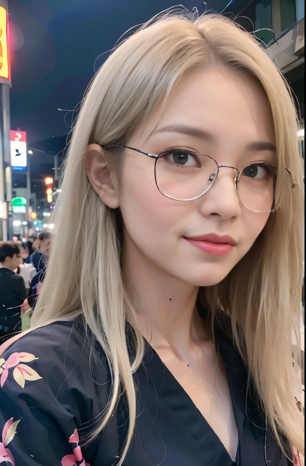 (8k, RAW photo, best quality, mastery:1.3), (realistic, photo-realistic:1.37), (looking viewer:1.331), (white hair), posing, Tokyo street, nightcityscape, cyberpunk city, soft light, 1girl, extremely beautiful face , Perfect body proportions, (small face: 1.1), bust, casual hairstyle, smile, big eyes, (Kimono, glasses), mix4, detailed eyes