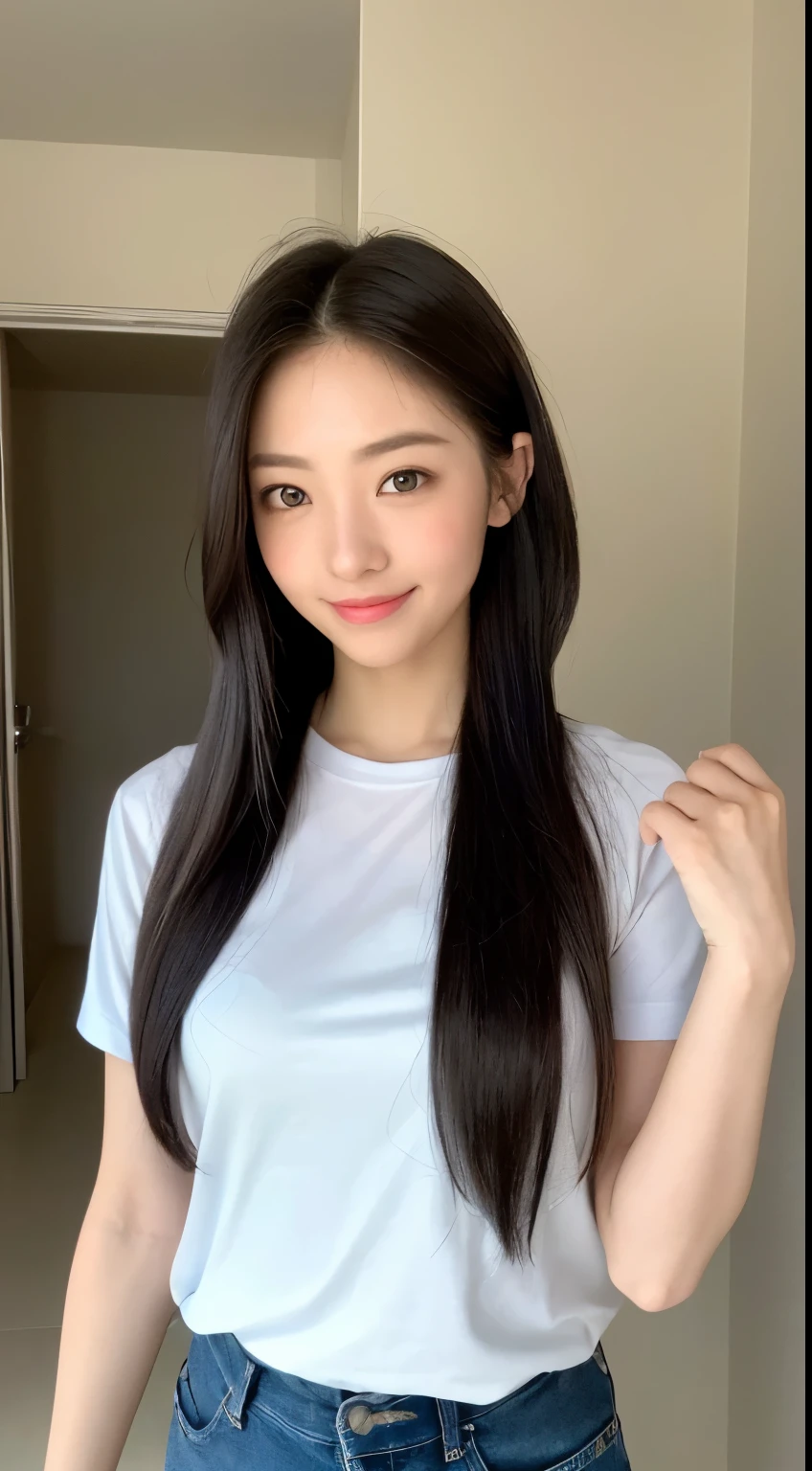 (8K, RAW Photo, Best Quality, masutepiece:1.3),(Real,Photo:1.37),(Look at viewers:1.331),(黒色のThe hairが),Pose,Beachfront,Morning view,Sunrise,crystal clear skies,1girl in,Very beautiful face,Small,Put your hands down,Pony Hairstyles,weight:The hair,ふわっとしたThe hair,Shoulder length,ストレートのThe hairの毛,Random expression,Smile at the corners of your mouth,Big eyes,(T-shirt,Pill placket,Short sleeves,Opaque color,Shirt color),(Wearing pants),mix4,No hair accessories,Best Quality Hair